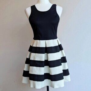 L'atiste by Amy textured pleated black & white striped colourblock a-line Dress